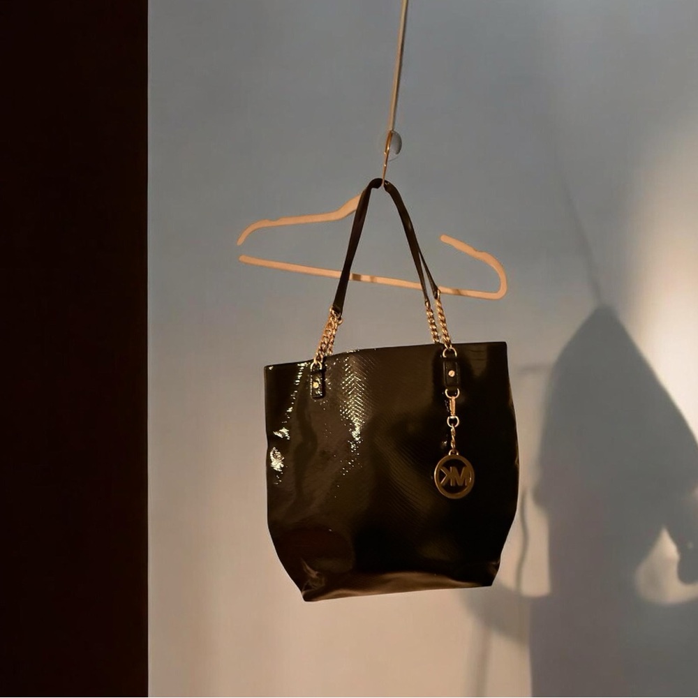 Michael Kors patent Black Tote with Gold Chain